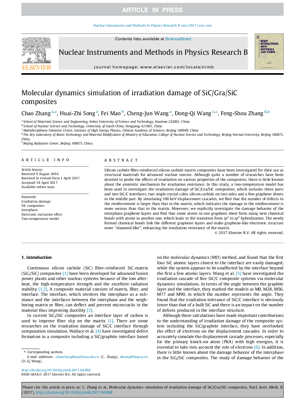 Molecular dynamics simulation of irradiation damage of SiC/Gra/SiC composites