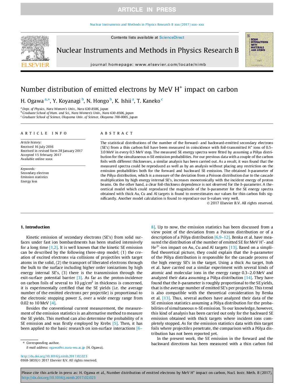 Number distribution of emitted electrons by MeV H+ impact on carbon