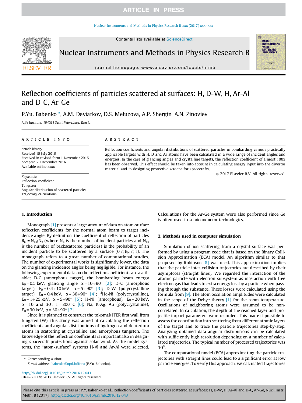 Reflection coefficients of particles scattered at surfaces: H, D-W, H, Ar-Al and D-C, Ar-Ge