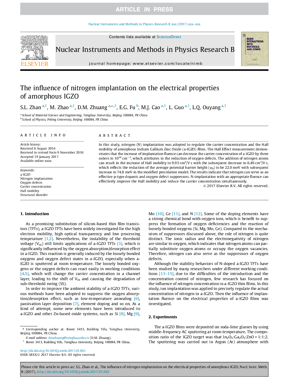 The influence of nitrogen implantation on the electrical properties of amorphous IGZO