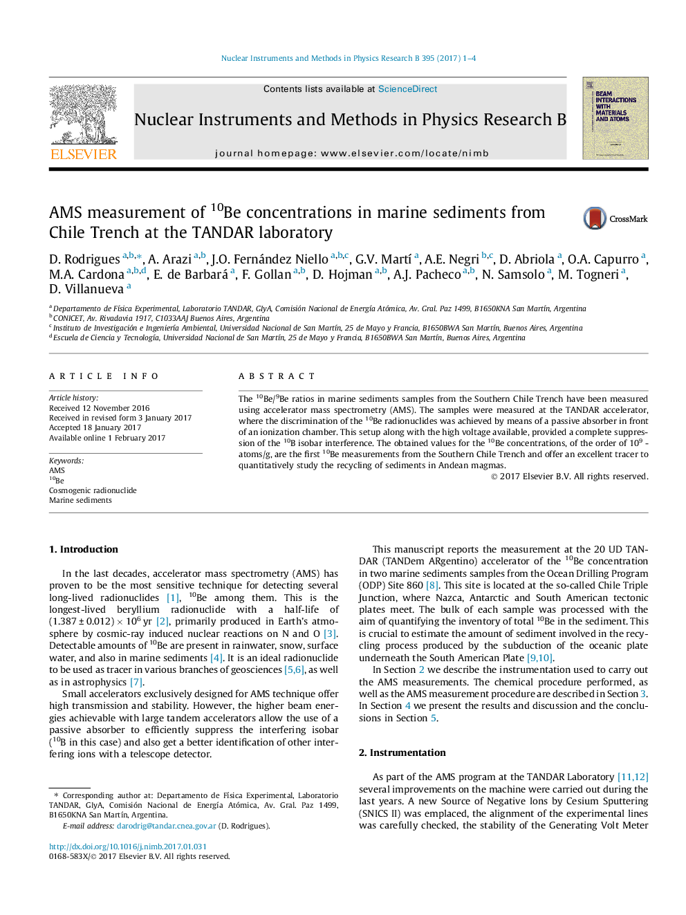 AMS measurement of 10Be concentrations in marine sediments from Chile Trench at the TANDAR laboratory