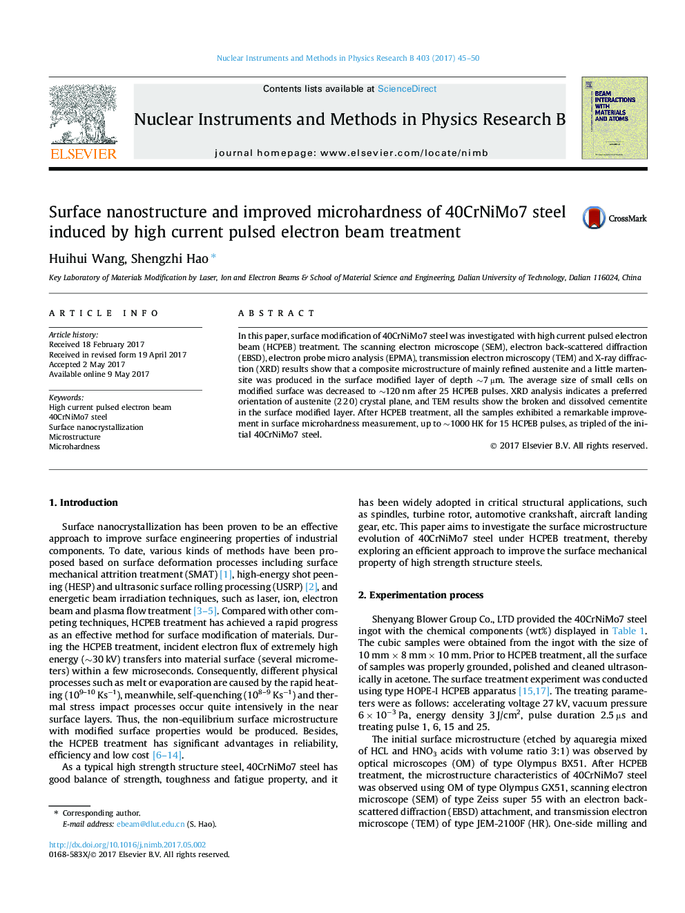 Surface nanostructure and improved microhardness of 40CrNiMo7 steel induced by high current pulsed electron beam treatment