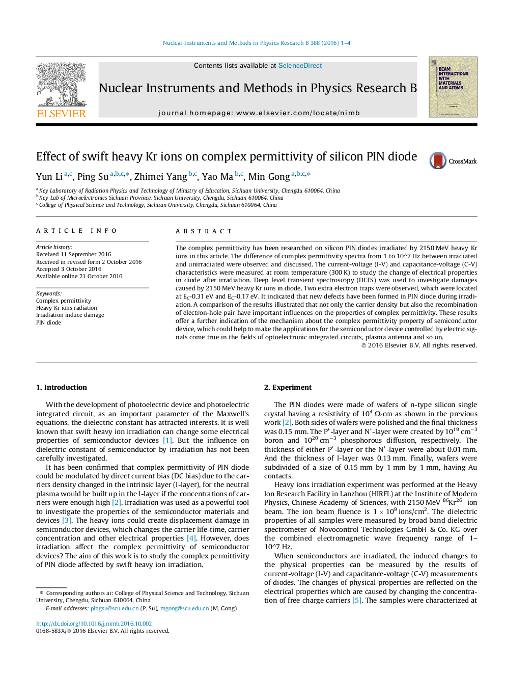 Effect of swift heavy Kr ions on complex permittivity of silicon PIN diode