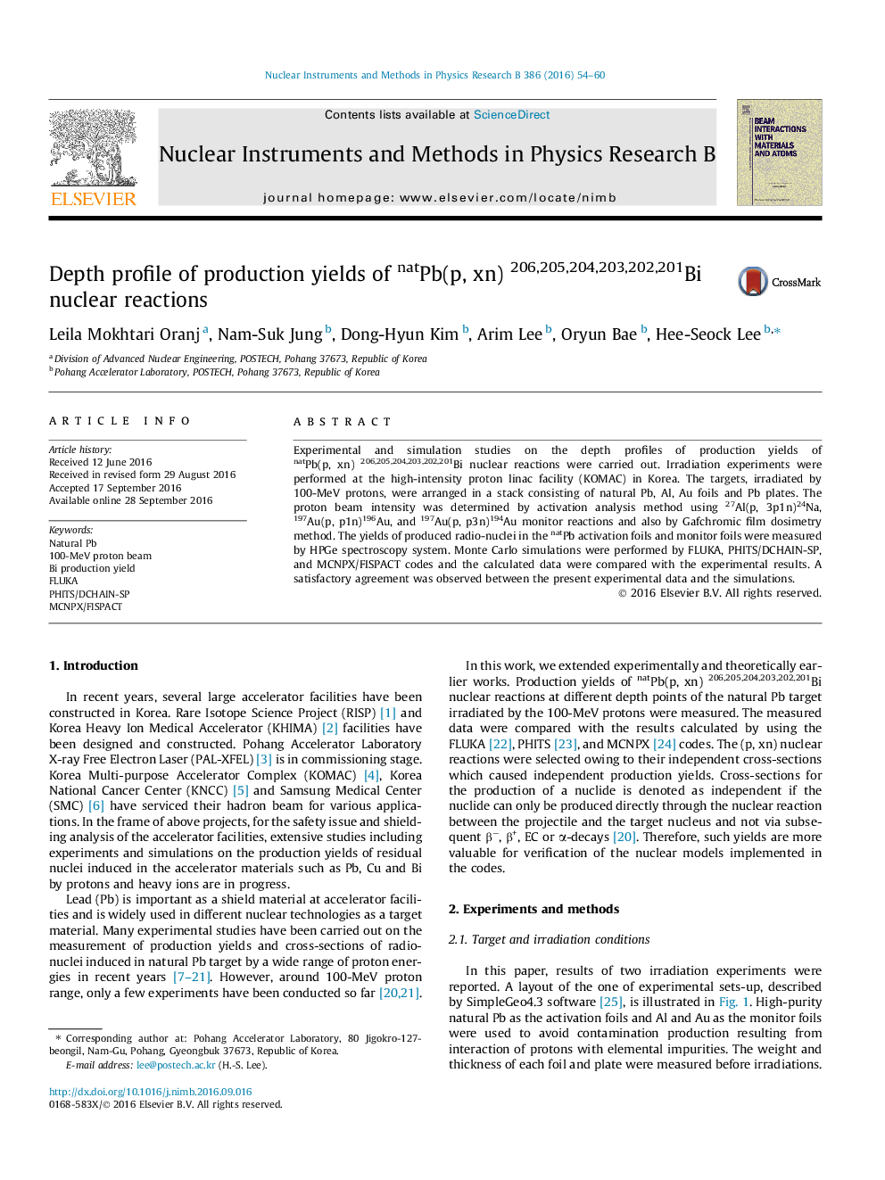 Depth profile of production yields of natPb(p, xn) 206,205,204,203,202,201Bi nuclear reactions