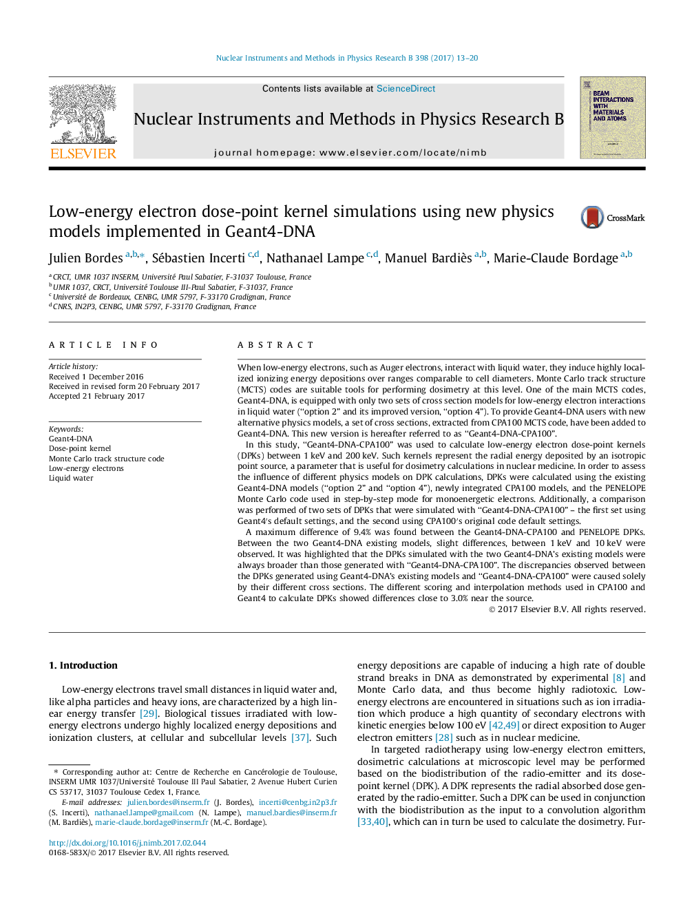 Low-energy electron dose-point kernel simulations using new physics models implemented in Geant4-DNA