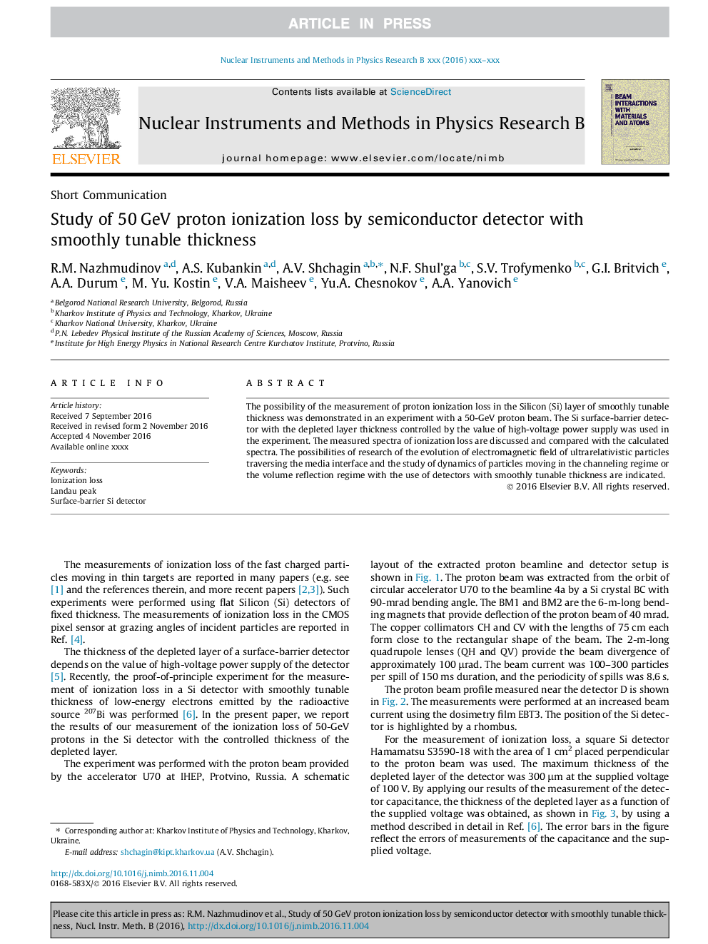 Study of 50Â GeV proton ionization loss by semiconductor detector with smoothly tunable thickness