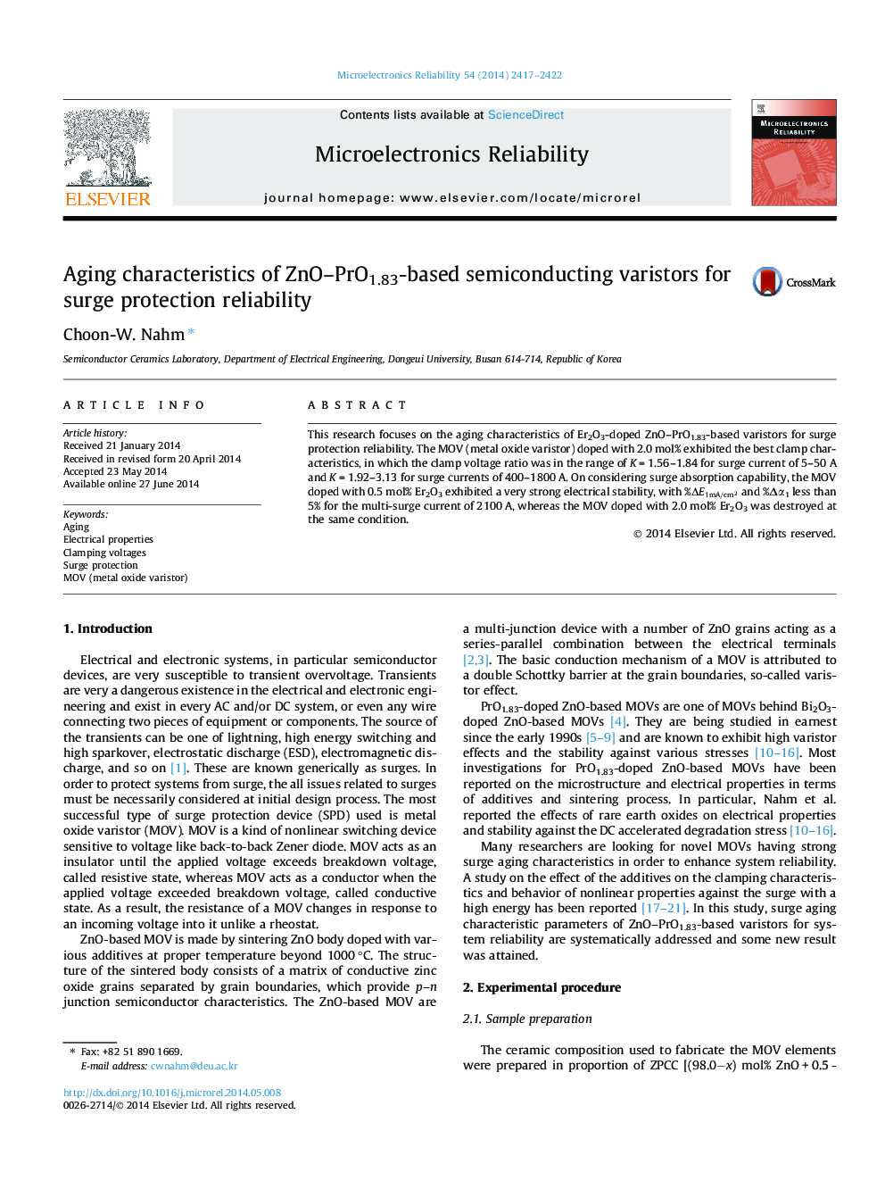 Aging characteristics of ZnO–PrO1.83-based semiconducting varistors for surge protection reliability