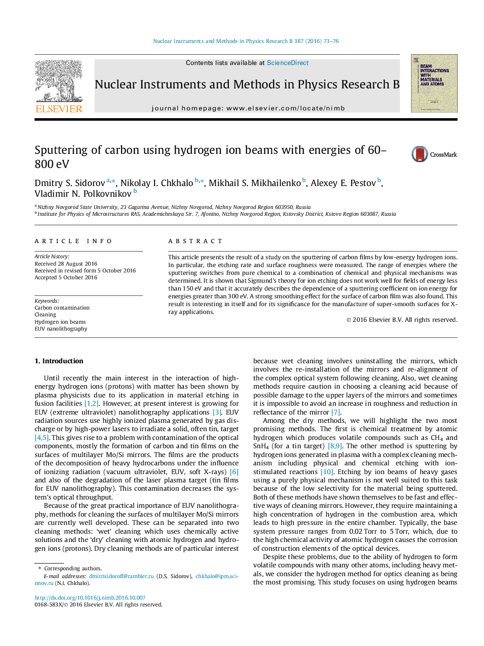 Sputtering of carbon using hydrogen ion beams with energies of 60-800Â eV