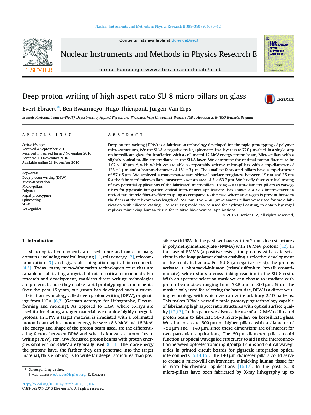 Deep proton writing of high aspect ratio SU-8 micro-pillars on glass