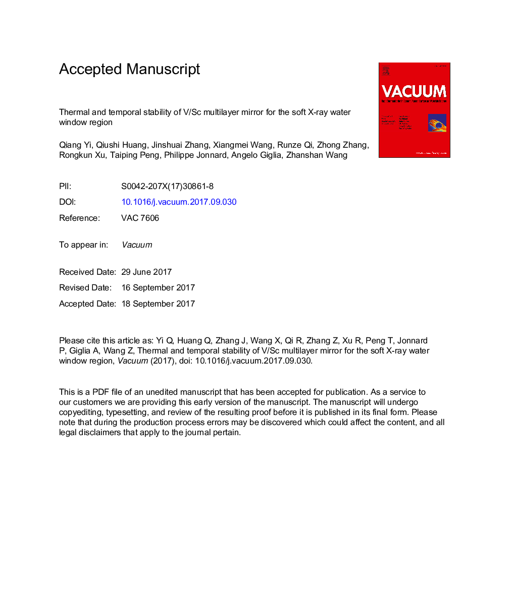 Thermal and temporal stability of V/Sc multilayer mirror for the soft X-ray water window region