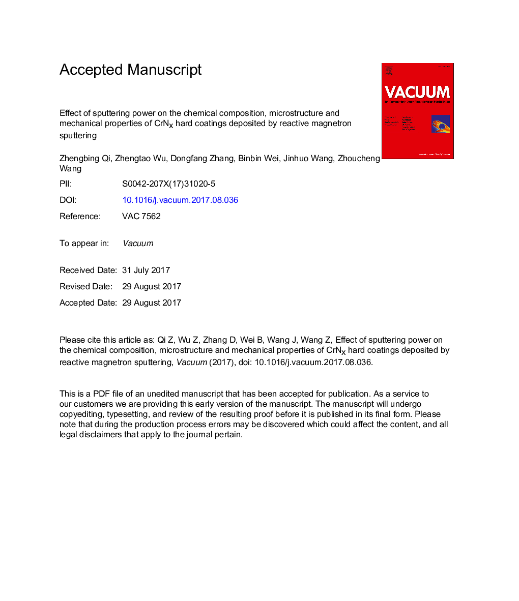 Effect of sputtering power on the chemical composition, microstructure and mechanical properties of CrNx hard coatings deposited by reactive magnetron sputtering