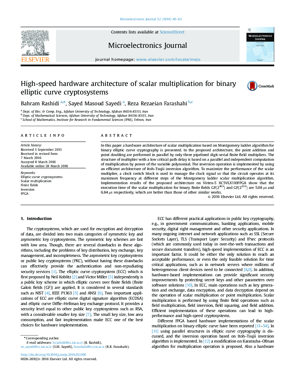 High-speed hardware architecture of scalar multiplication for binary elliptic curve cryptosystems