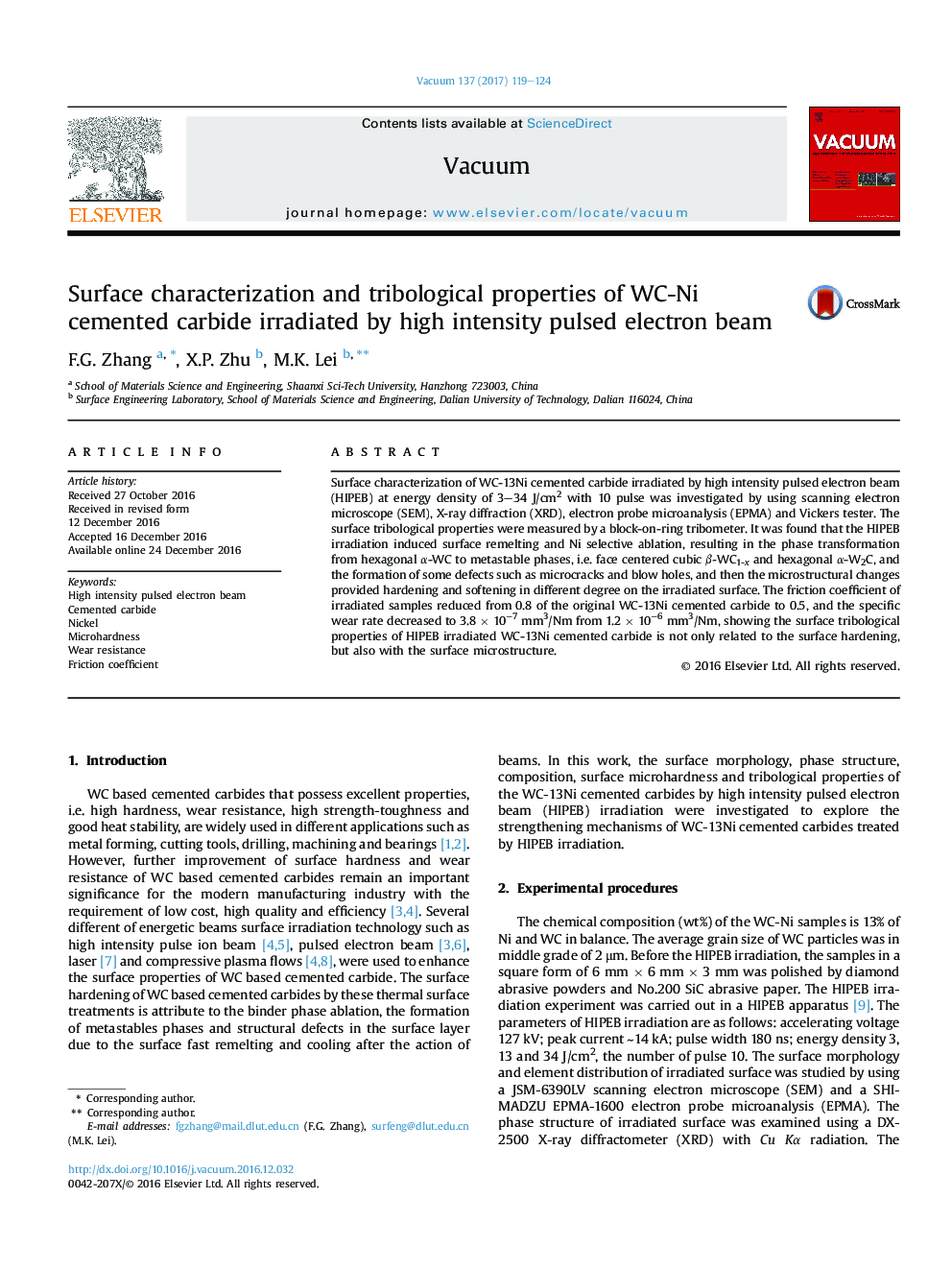 Surface characterization and tribological properties of WC-Ni cemented carbide irradiated by high intensity pulsed electron beam