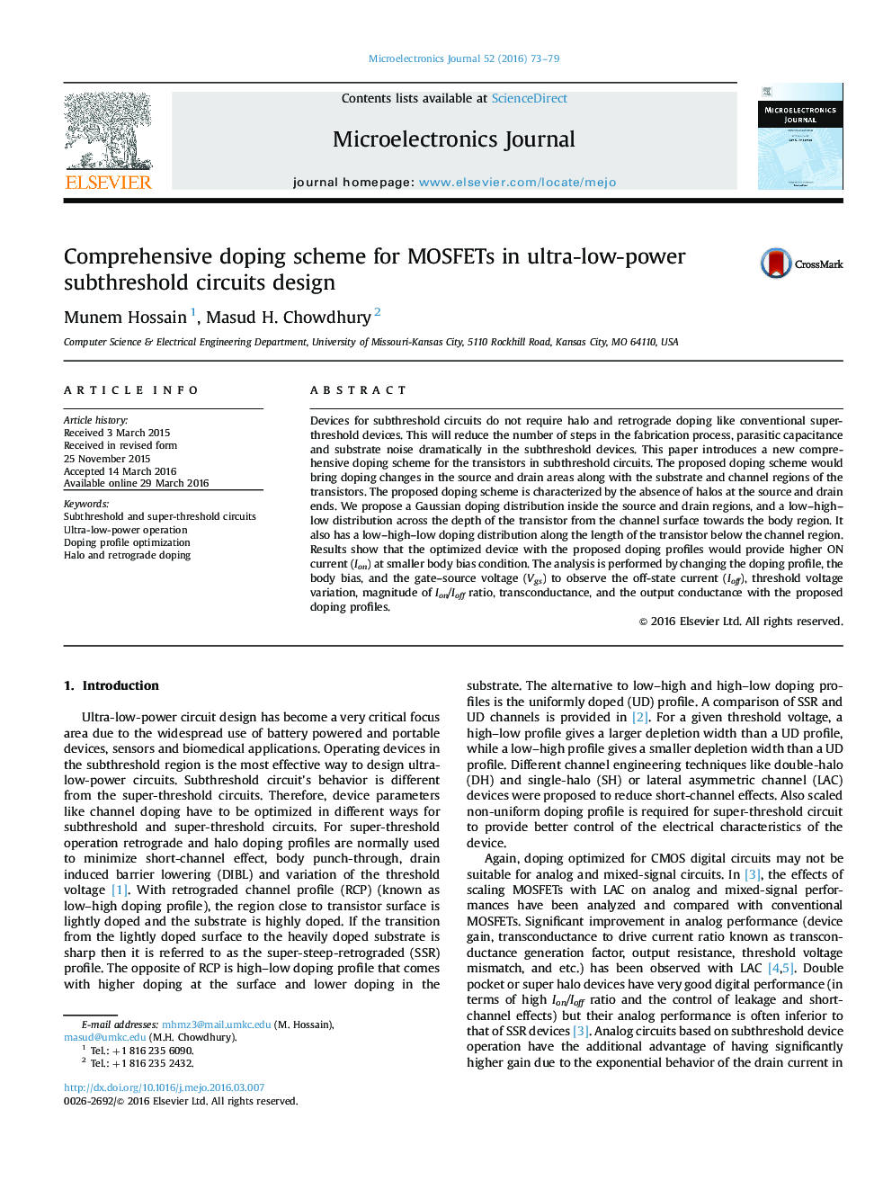 عکس صفحه اول مقاله: Comprehensive doping scheme for MOSFETs in ultra-low-power subthreshold circuits design Comprehensive doping scheme for MOSFETs in ultra-low-power subthreshold circuits design