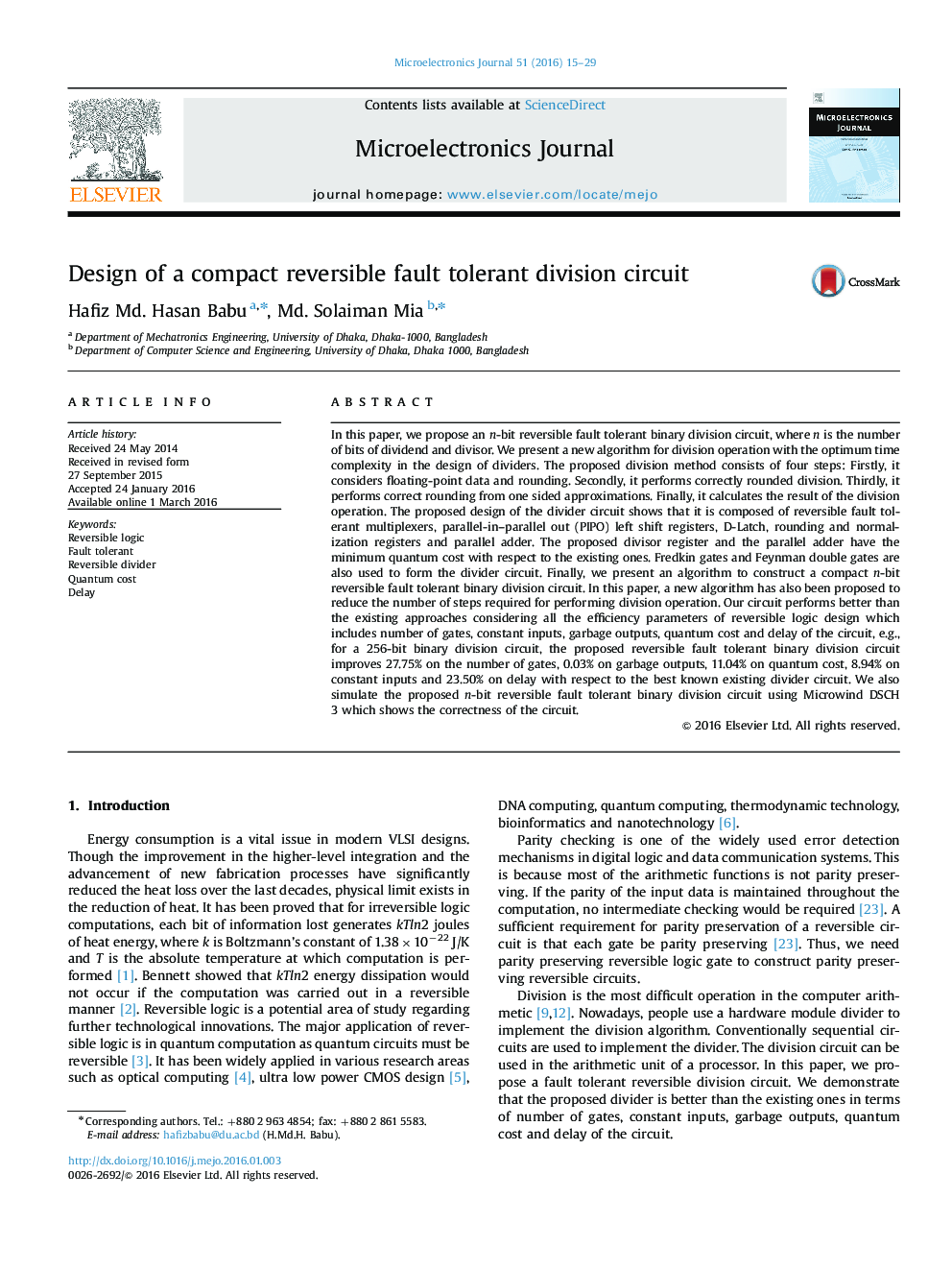 Design of a compact reversible fault tolerant division circuit