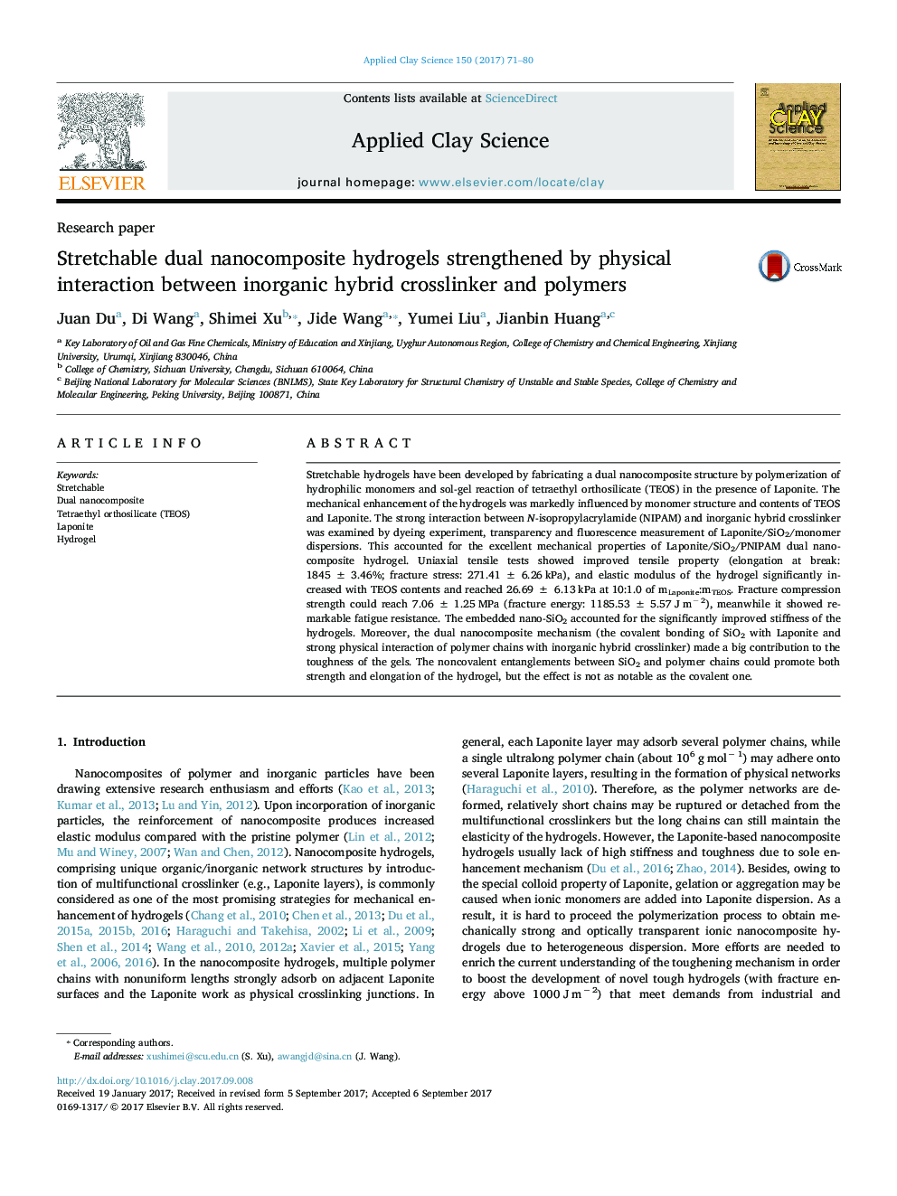 Stretchable dual nanocomposite hydrogels strengthened by physical interaction between inorganic hybrid crosslinker and polymers