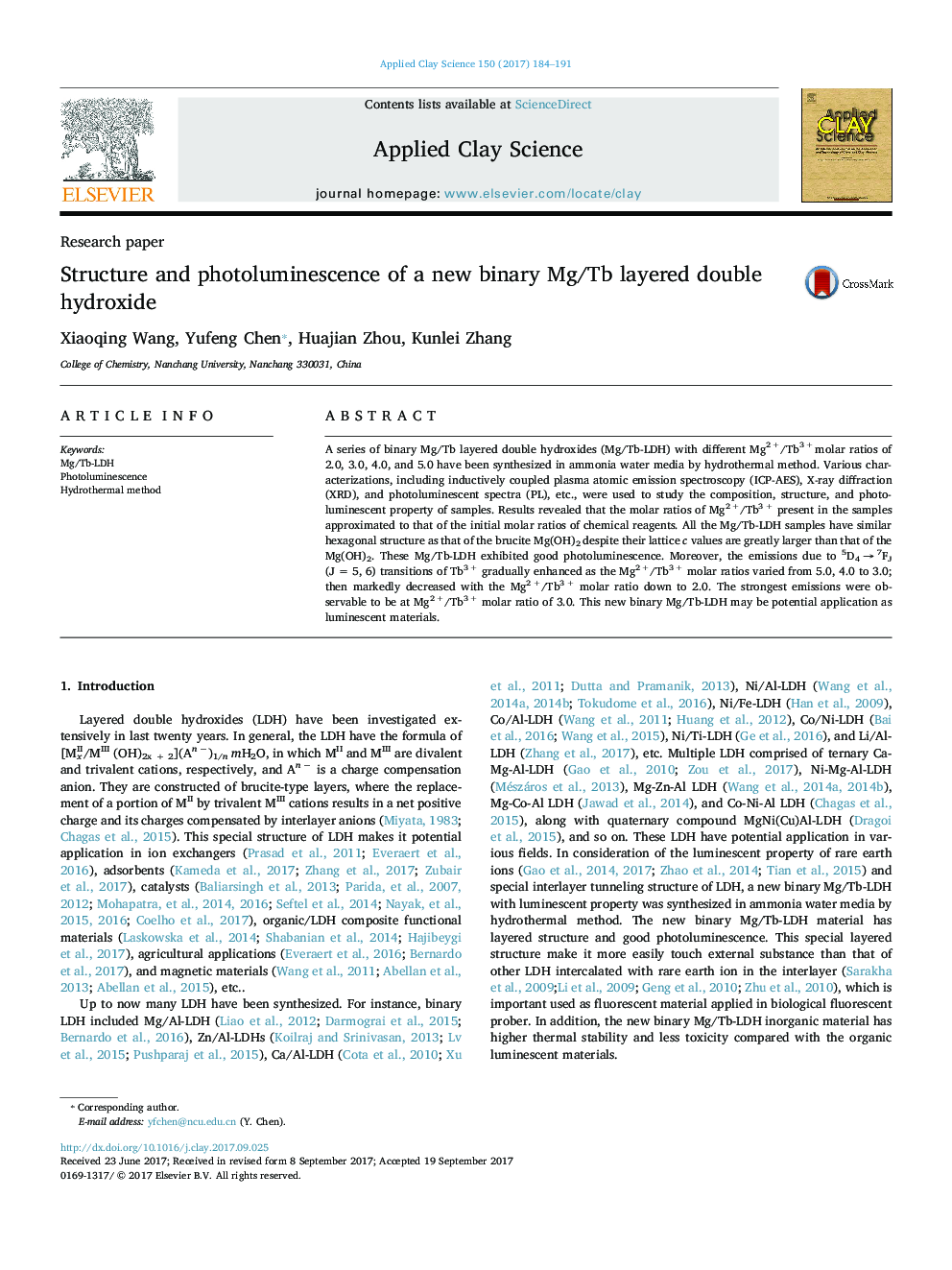 عکس صفحه اول مقاله: Structure and photoluminescence of a new binary Mg/Tb layered double hydroxide Structure and photoluminescence of a new binary Mg/Tb layered double hydroxide