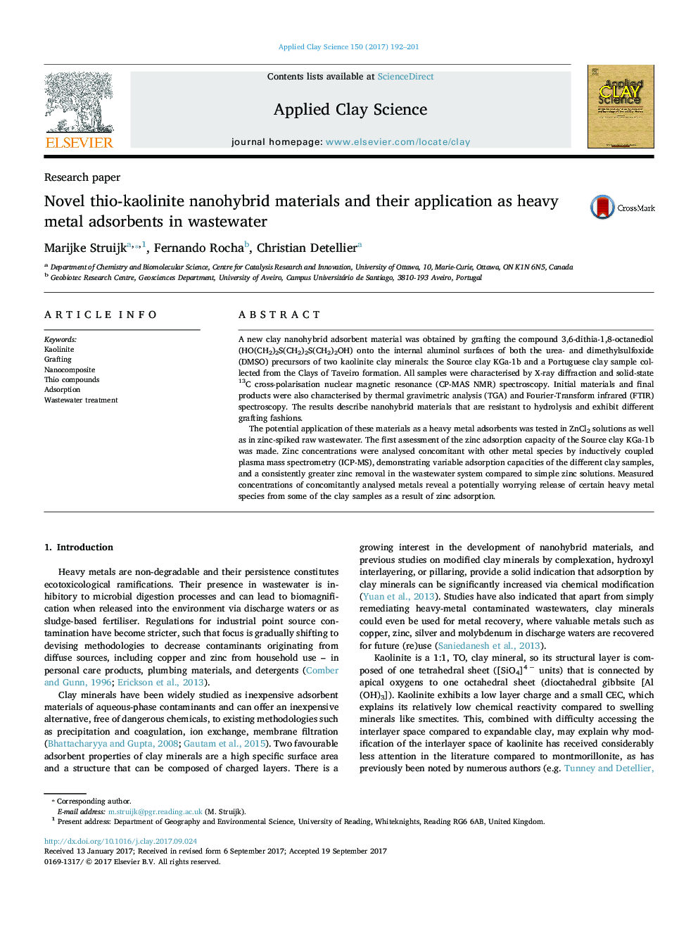 Novel thio-kaolinite nanohybrid materials and their application as heavy metal adsorbents in wastewater