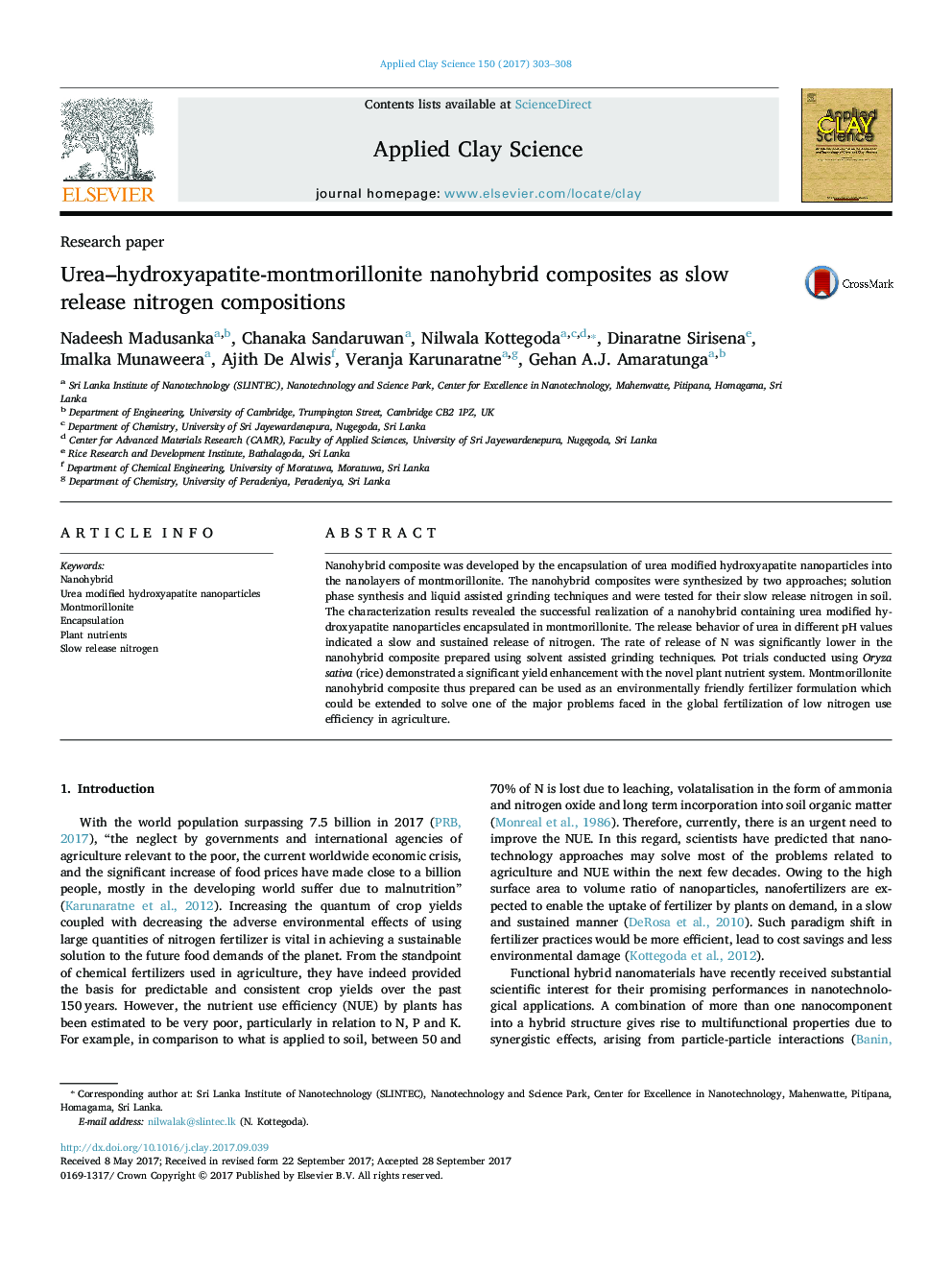 کامپوزیت های نانویایبرید اوره-هیدروکسی آپاتیت-مونتموریلونیت به عنوان ترکیبات نیتروژن آزاد آلی 