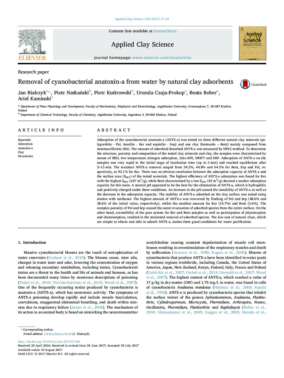 Research paperRemoval of cyanobacterial anatoxin-a from water by natural clay adsorbents