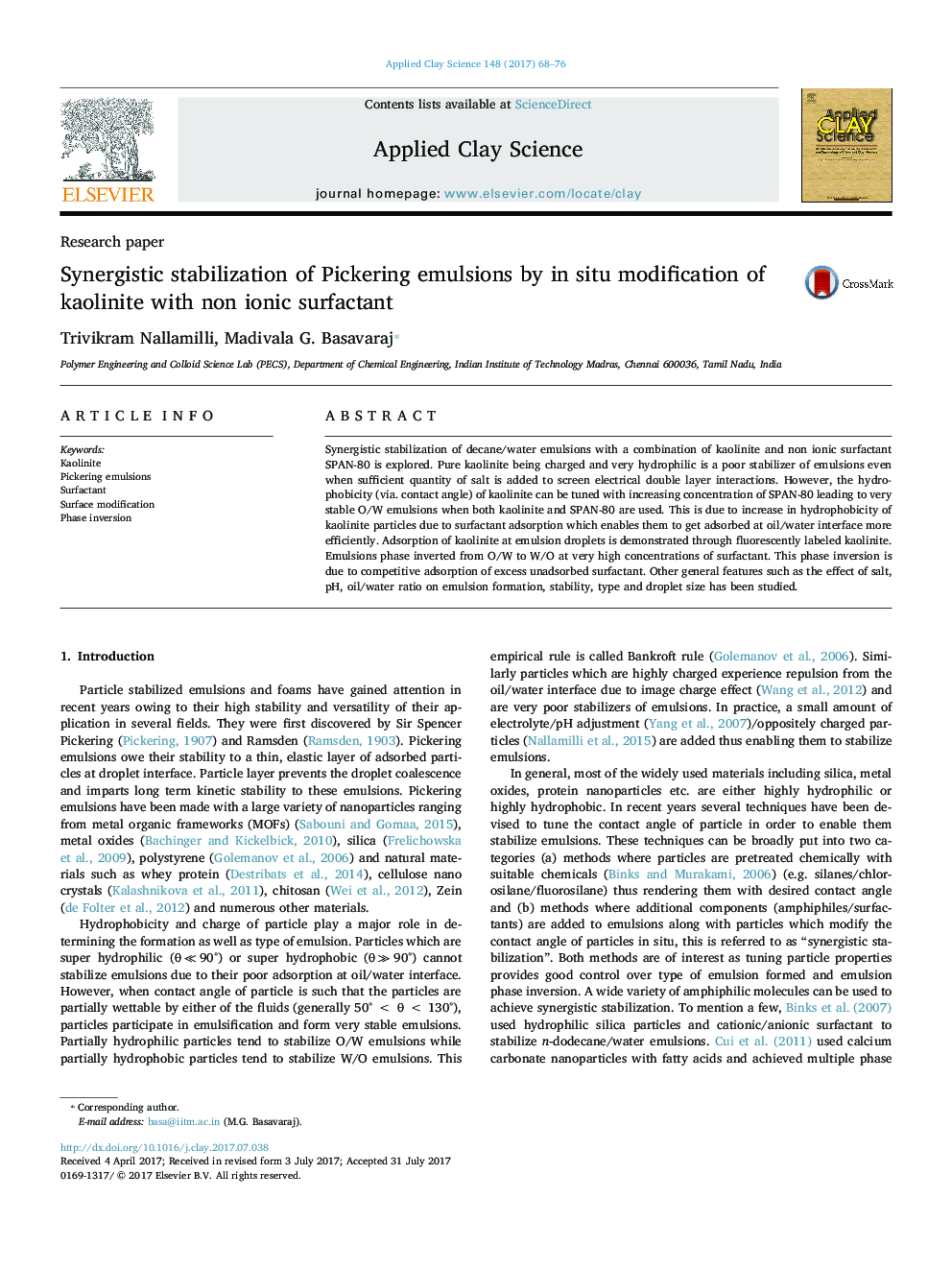 Synergistic stabilization of Pickering emulsions by in situ modification of kaolinite with non ionic surfactant