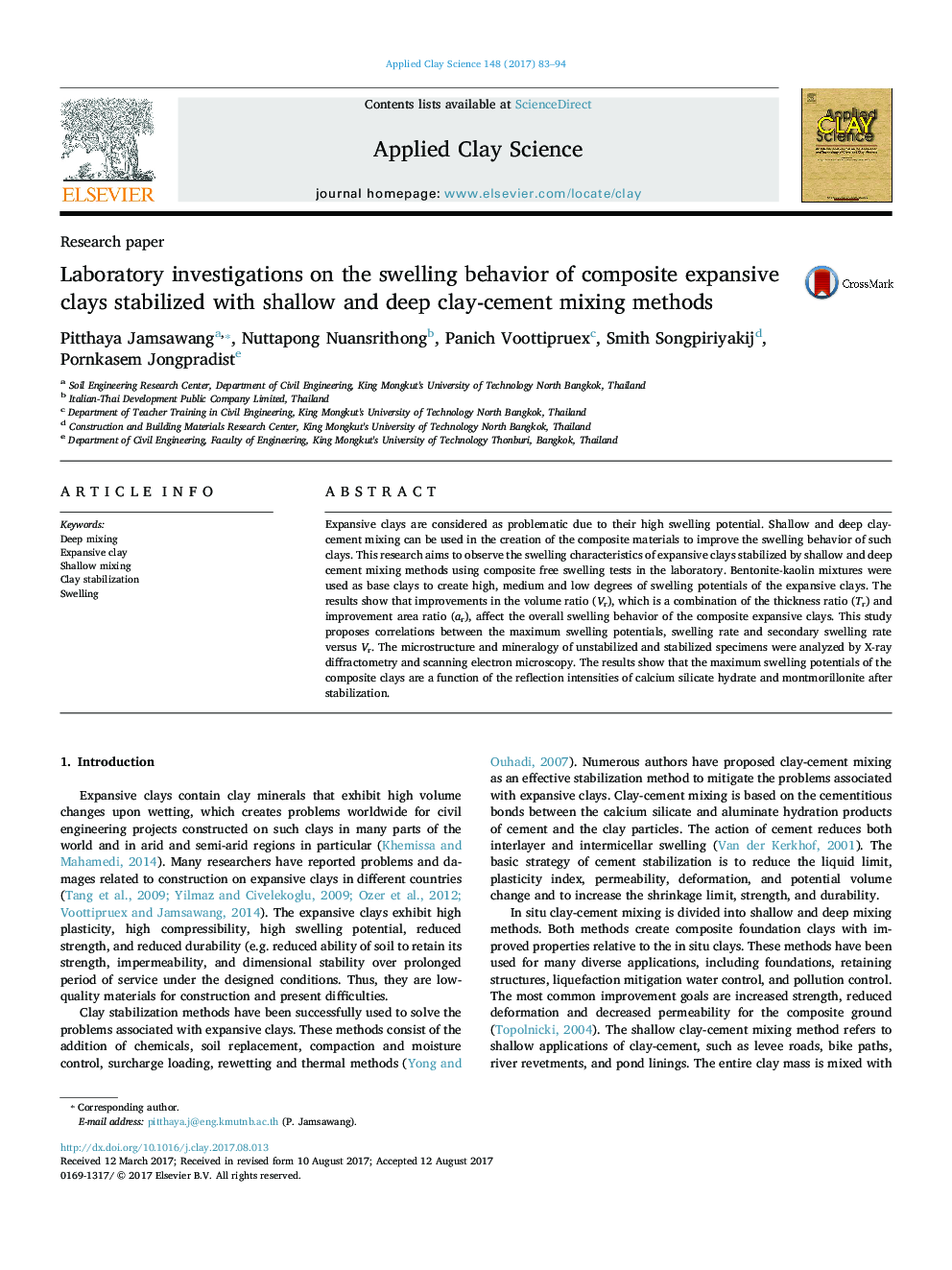 Laboratory investigations on the swelling behavior of composite expansive clays stabilized with shallow and deep clay-cement mixing methods