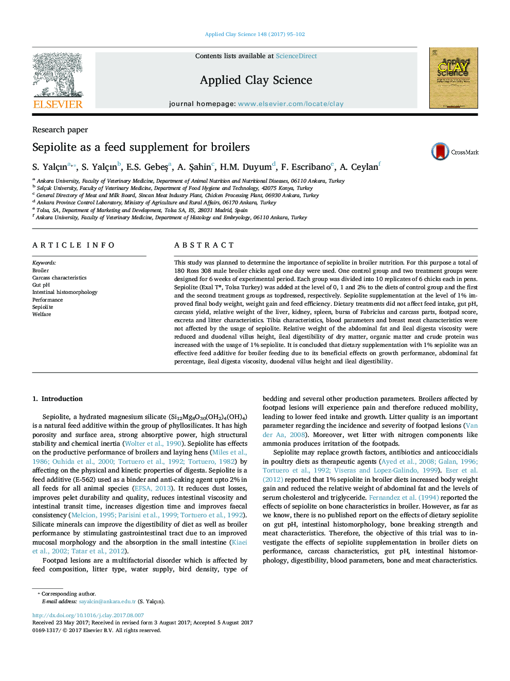 Sepiolite as a feed supplement for broilers