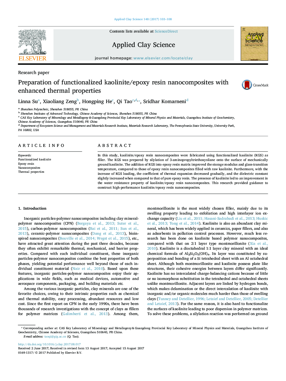 Preparation of functionalized kaolinite/epoxy resin nanocomposites with enhanced thermal properties