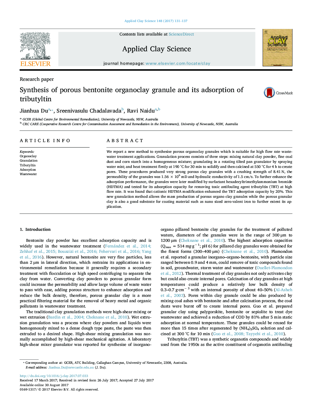 Research paperSynthesis of porous bentonite organoclay granule and its adsorption of tributyltin