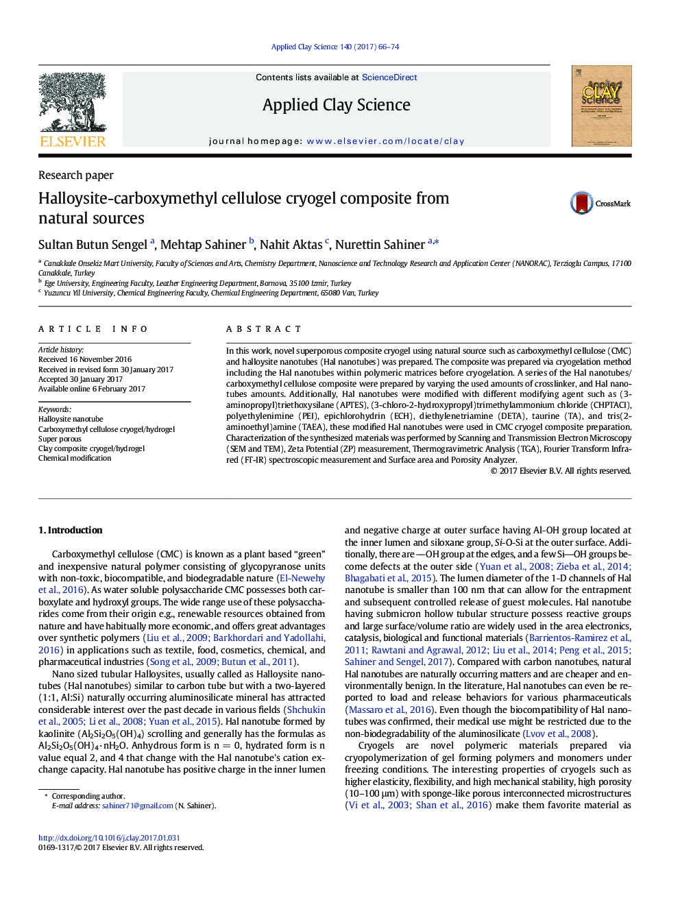 Halloysite-carboxymethyl cellulose cryogel composite from natural sources