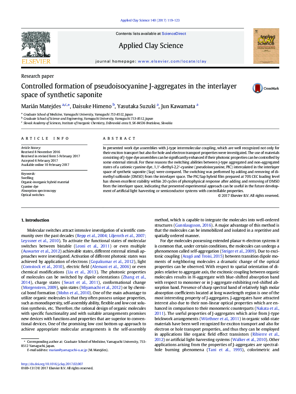 Research paperControlled formation of pseudoisocyanine J-aggregates in the interlayer space of synthetic saponite