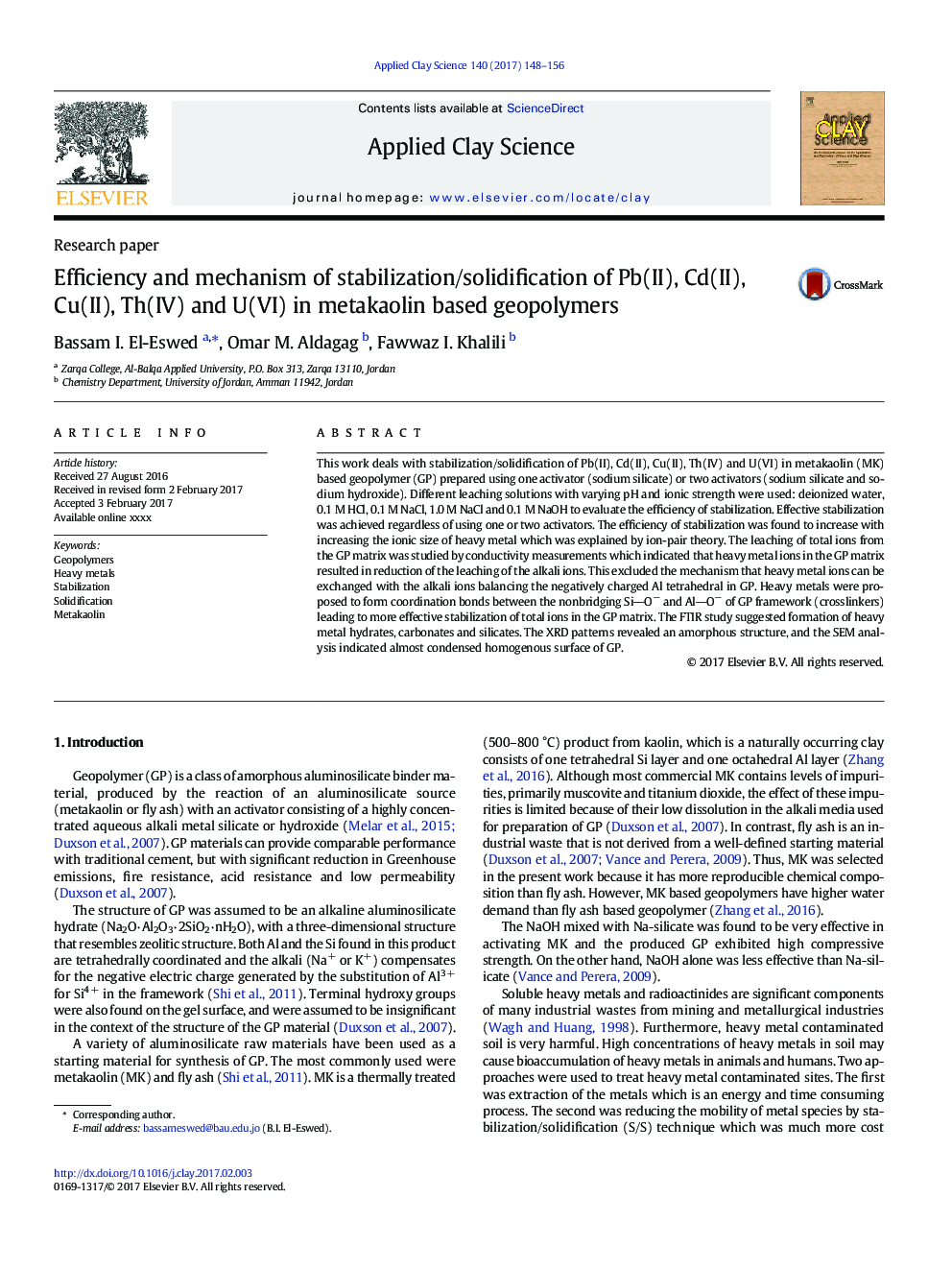 Efficiency and mechanism of stabilization/solidification of Pb(II), Cd(II), Cu(II), Th(IV) and U(VI) in metakaolin based geopolymers