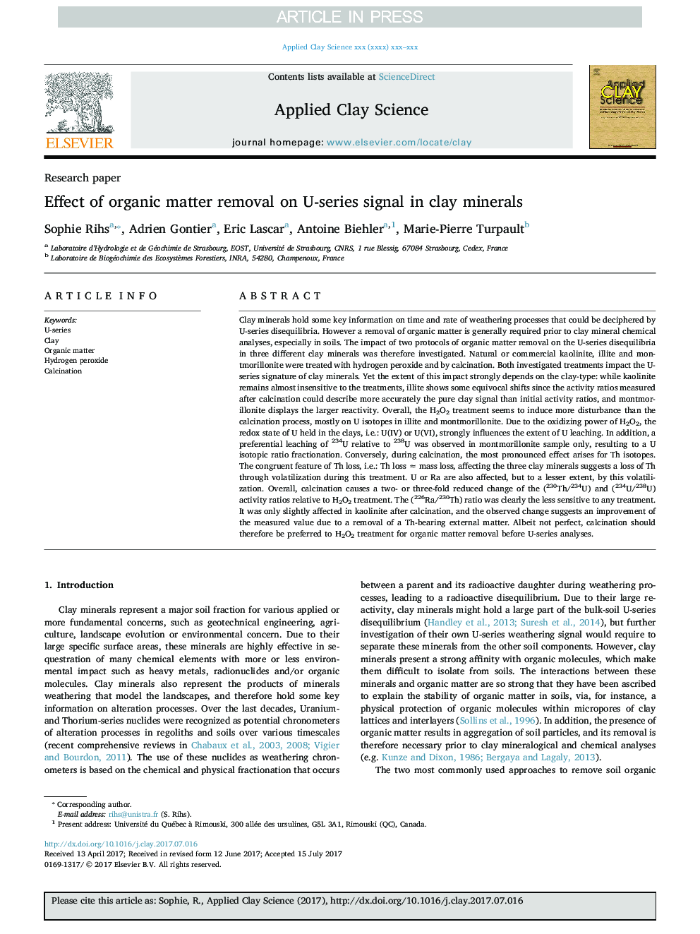 Effect of organic matter removal on U-series signal in clay minerals