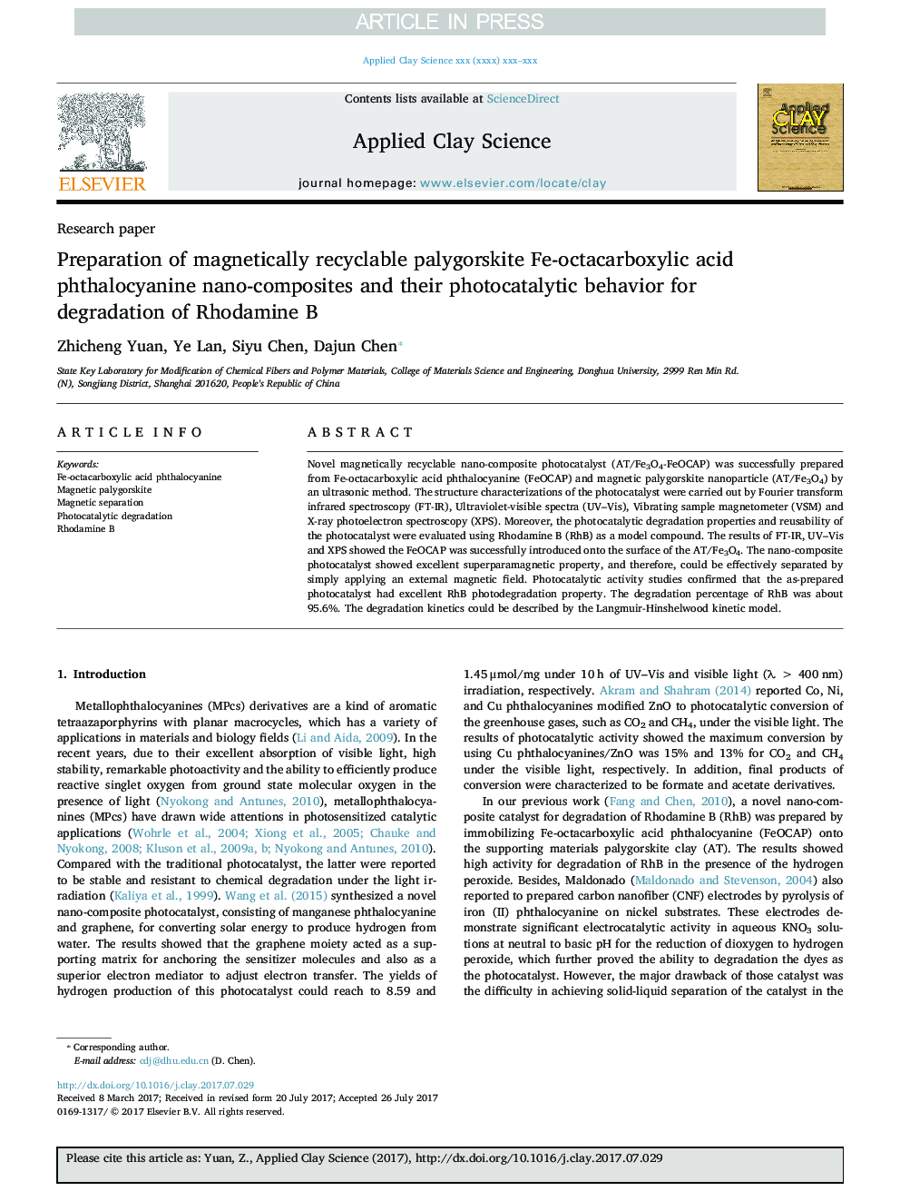 Preparation of magnetically recyclable palygorskite Fe-octacarboxylic acid phthalocyanine nano-composites and their photocatalytic behavior for degradation of Rhodamine B