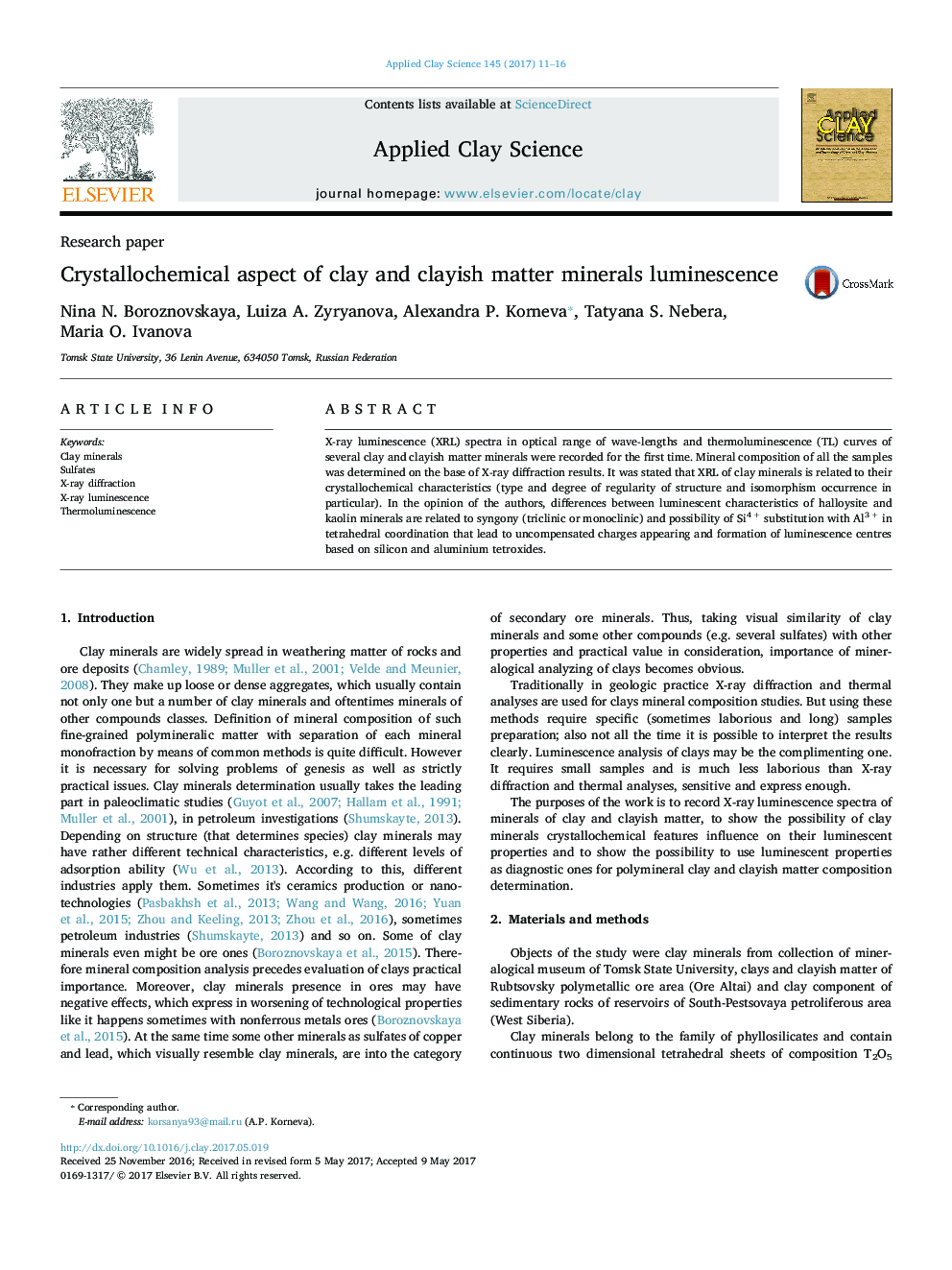 Crystallochemical aspect of clay and clayish matter minerals luminescence