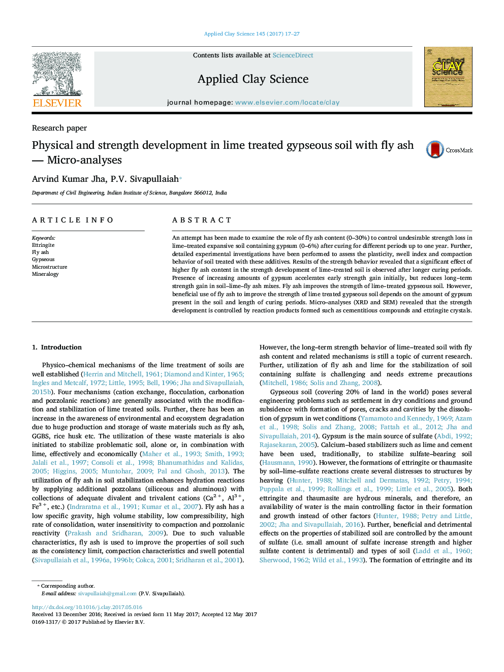 Physical and strength development in lime treated gypseous soil with fly ash - Micro-analyses