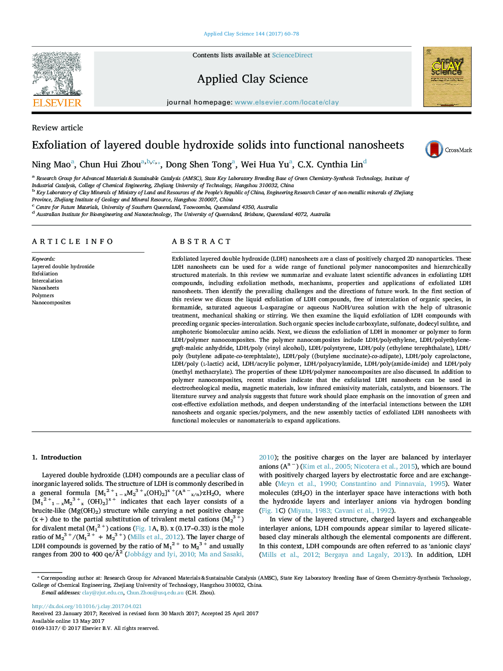 Exfoliation of layered double hydroxide solids into functional nanosheets