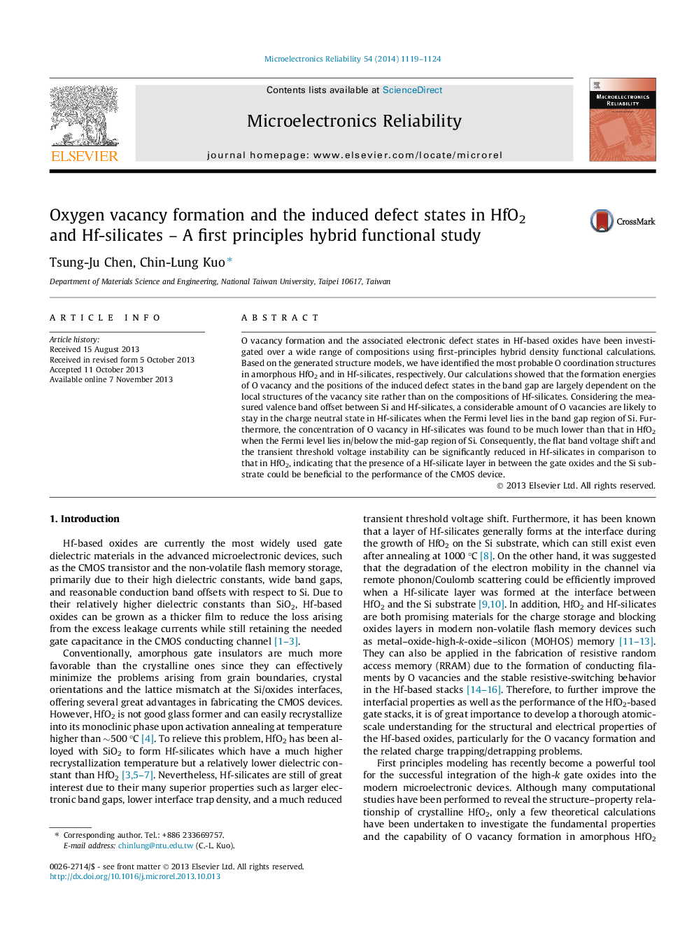 عکس صفحه اول مقاله: Oxygen vacancy formation and the induced defect states in HfO2 and Hf-silicates – A first principles hybrid functional study Oxygen vacancy formation and the induced defect states in HfO2 and Hf-silicates – A first principles hybrid functional study