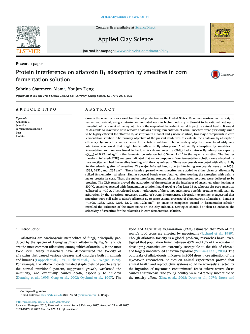 Protein interference on aflatoxin B1 adsorption by smectites in corn fermentation solution