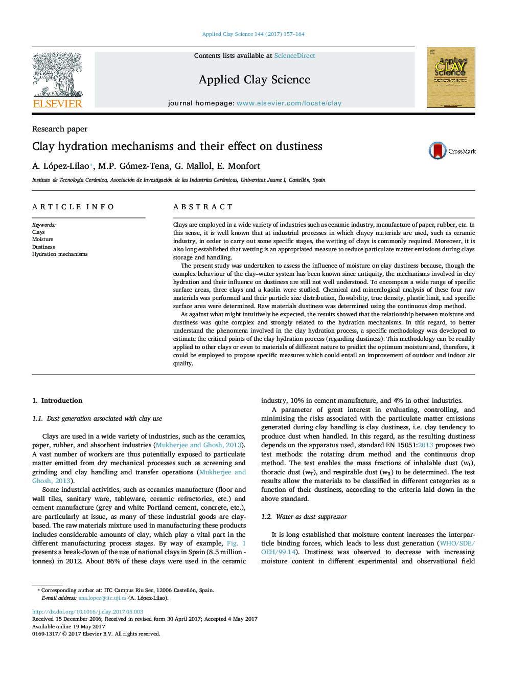 Clay hydration mechanisms and their effect on dustiness