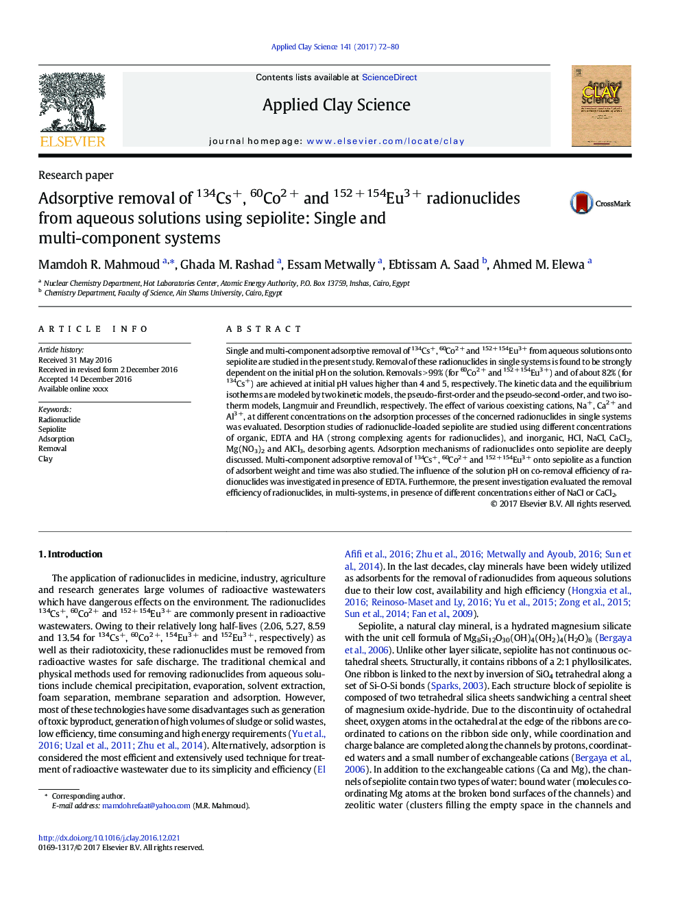 Adsorptive removal of 134Cs+, 60Co2Â + and 152Â +Â 154Eu3Â + radionuclides from aqueous solutions using sepiolite: Single and multi-component systems