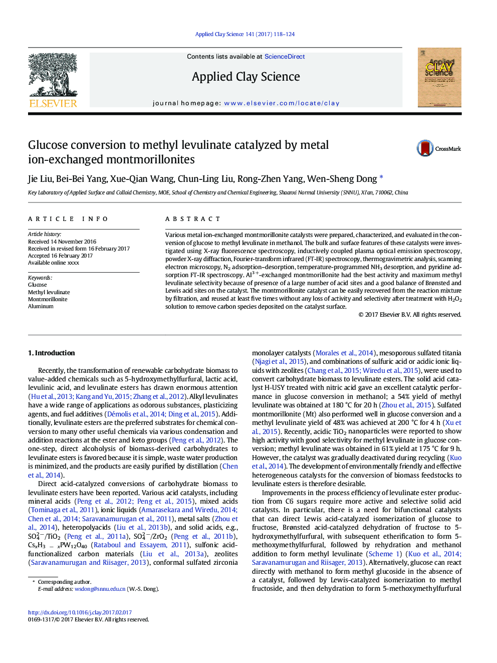 Glucose conversion to methyl levulinate catalyzed by metal ion-exchanged montmorillonites