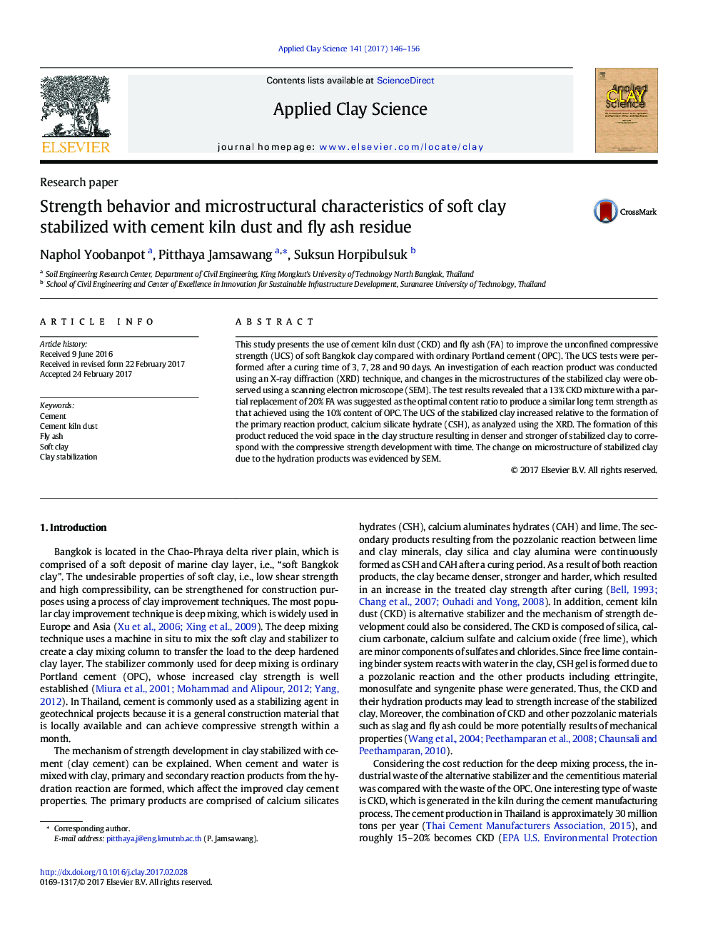 Strength behavior and microstructural characteristics of soft clay stabilized with cement kiln dust and fly ash residue