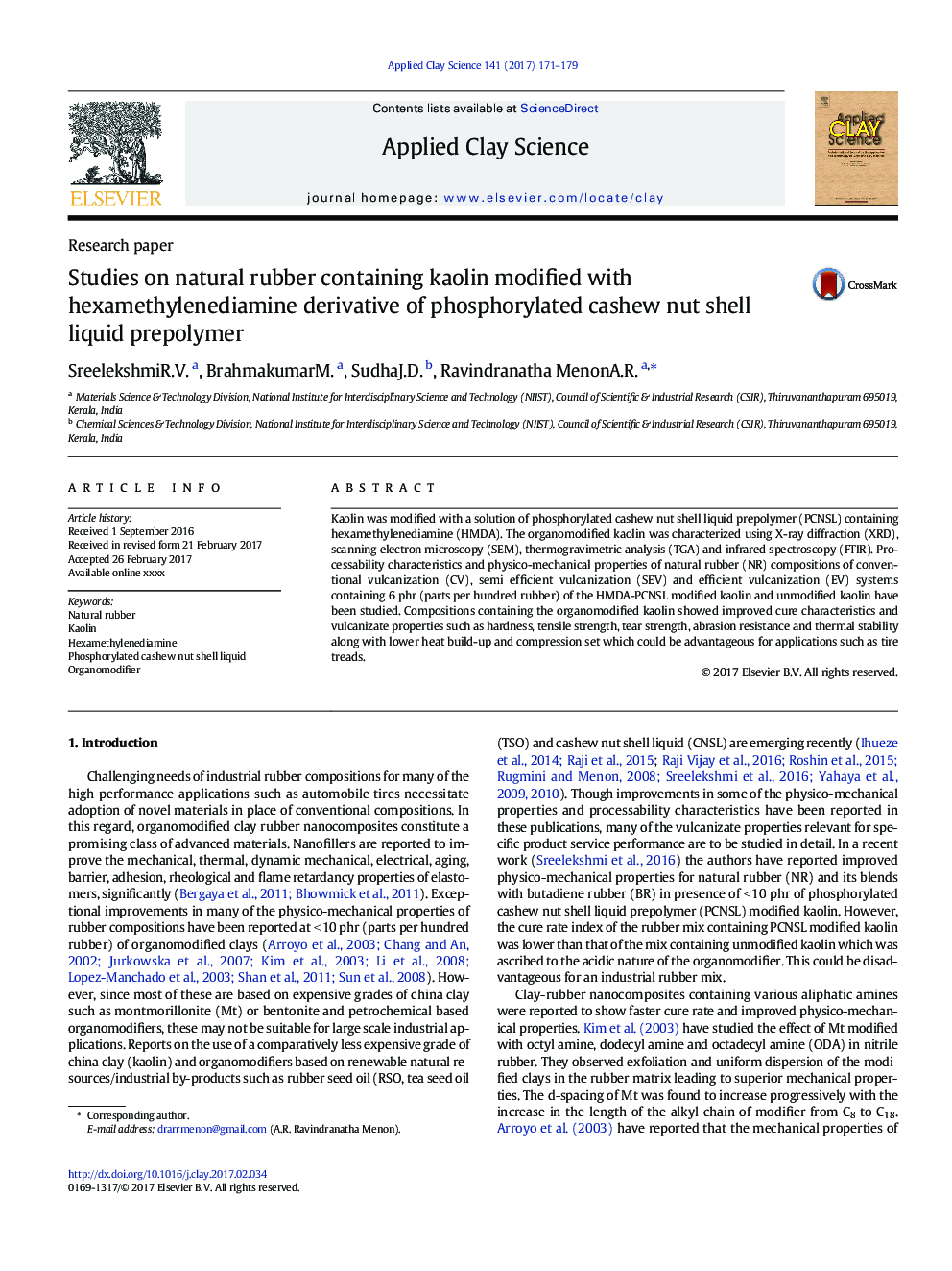 Studies on natural rubber containing kaolin modified with hexamethylenediamine derivative of phosphorylated cashew nut shell liquid prepolymer