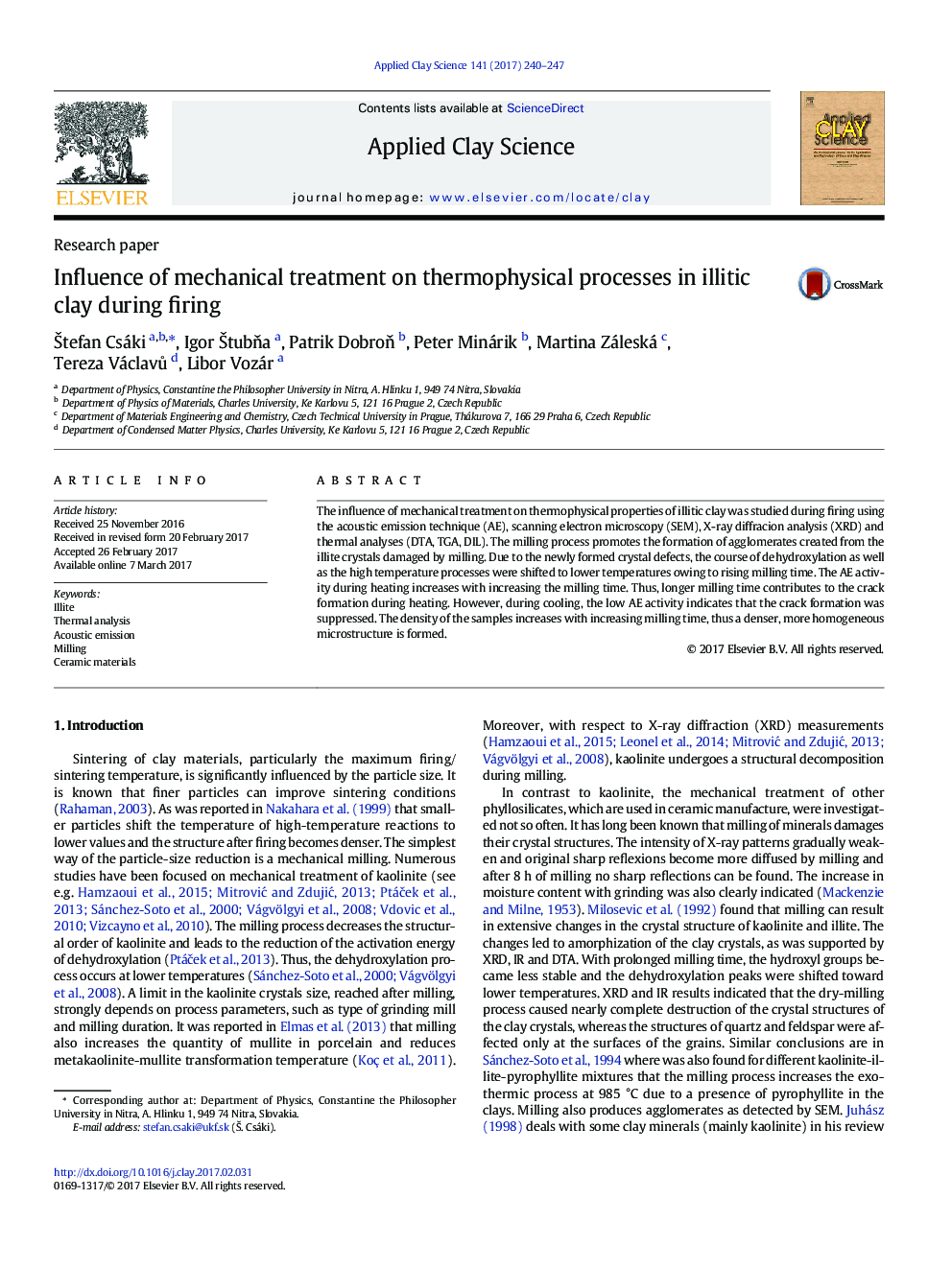 Influence of mechanical treatment on thermophysical processes in illitic clay during firing