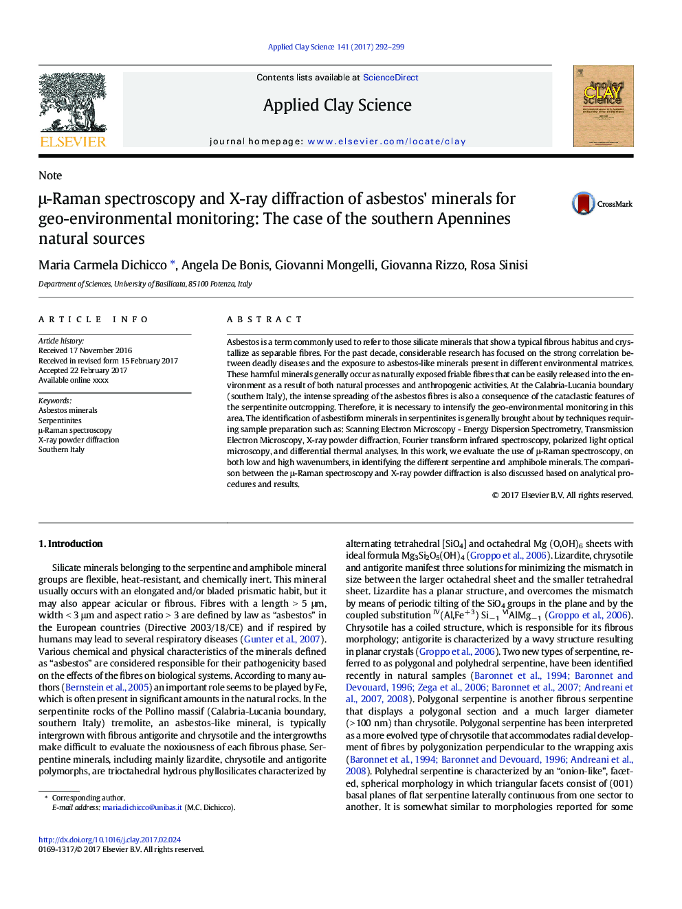Î¼-Raman spectroscopy and X-ray diffraction of asbestos' minerals for geo-environmental monitoring: The case of the southern Apennines natural sources