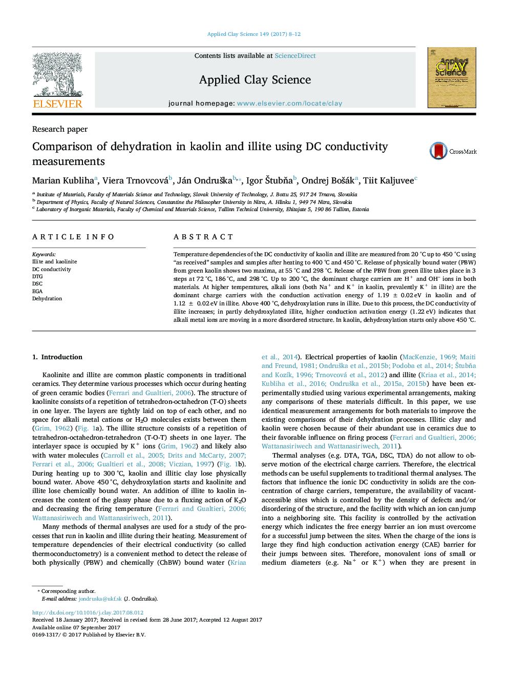 Comparison of dehydration in kaolin and illite using DC conductivity measurements