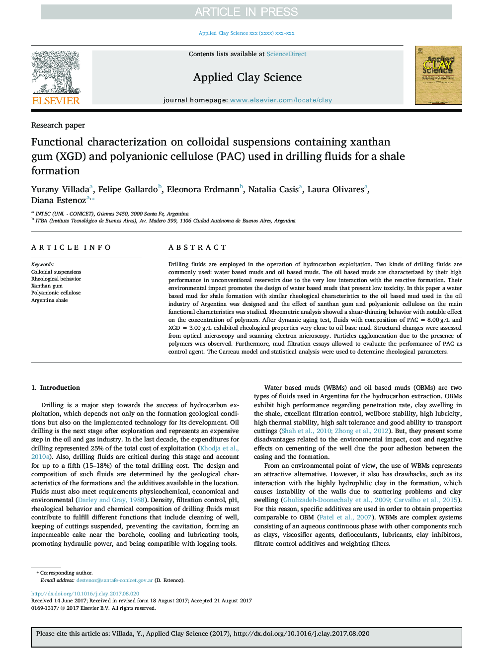 Functional characterization on colloidal suspensions containing xanthan gum (XGD) and polyanionic cellulose (PAC) used in drilling fluids for a shale formation