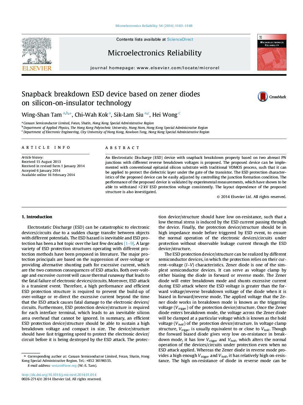 Snapback breakdown ESD device based on zener diodes on silicon-on-insulator technology