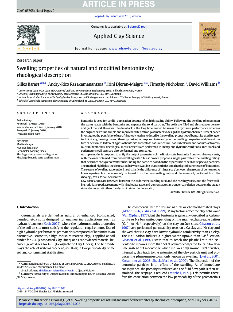 Swelling properties of natural and modified bentonites by rheological description